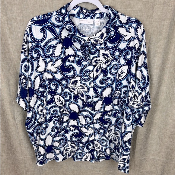 Susan Graver Pure Women’s XL. Button Up Print Linen Blend Short Sleeve Top - Picture 1 of 5